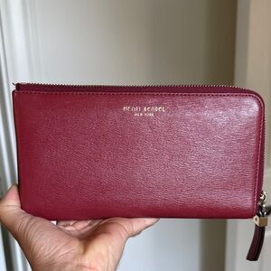 henri bendel Wine Red Zip Wallet with Gold Logo